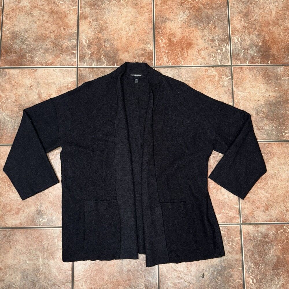 Eileen Fisher Open Front 100% Wool Cardigan With Pockets  Large Lagenlook